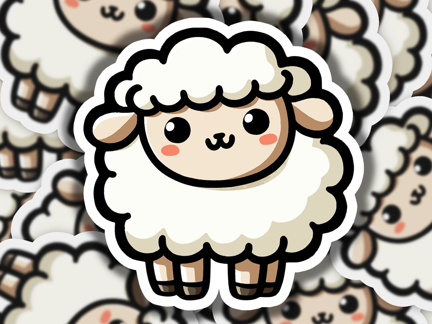 a sticker of a sheep surrounded by other sheep
