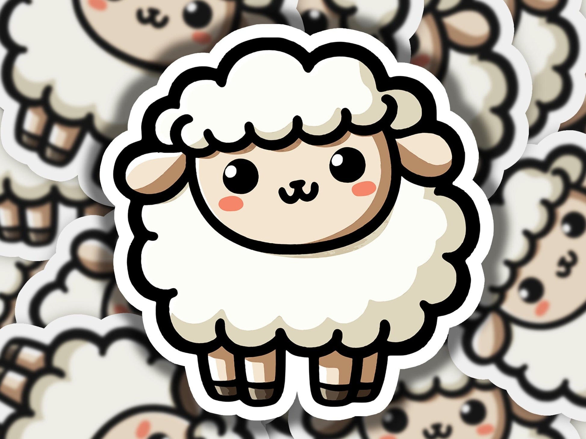 a sticker of a sheep surrounded by other sheep