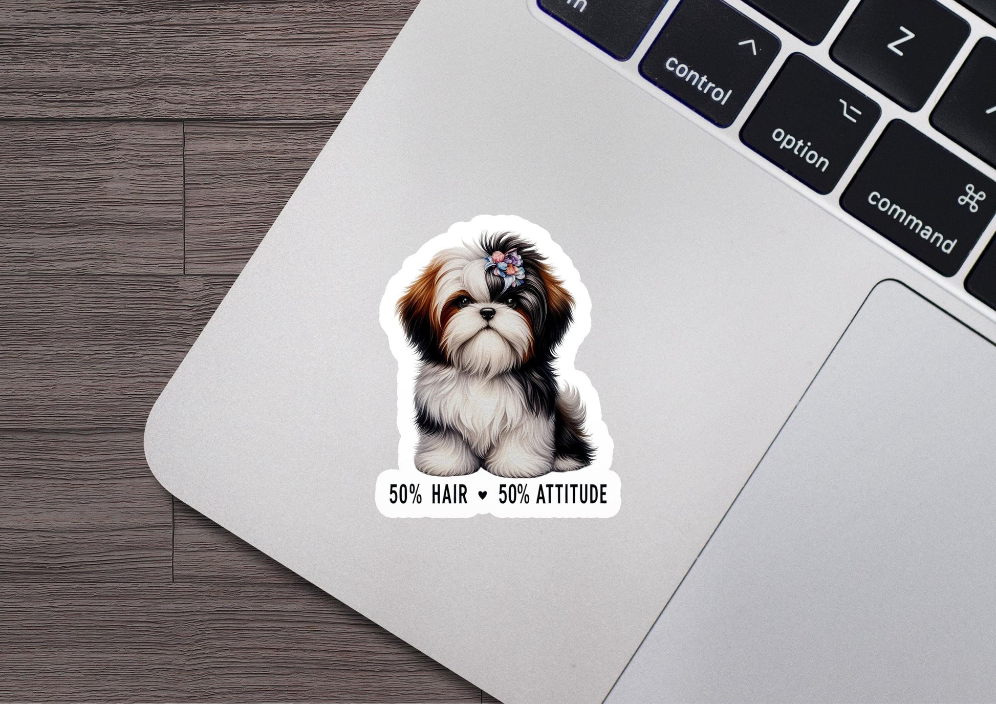 a sticker of a dog with a flower in its hair