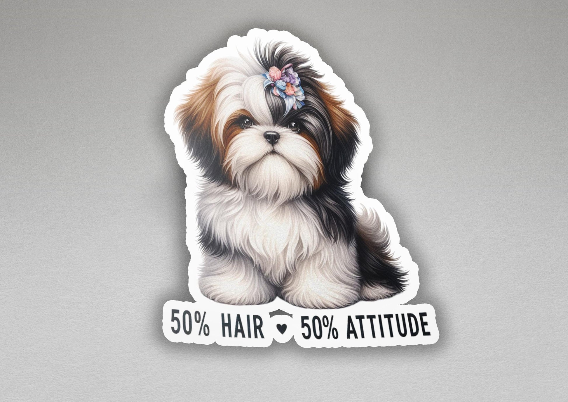 a sticker of a dog with a flower in its hair