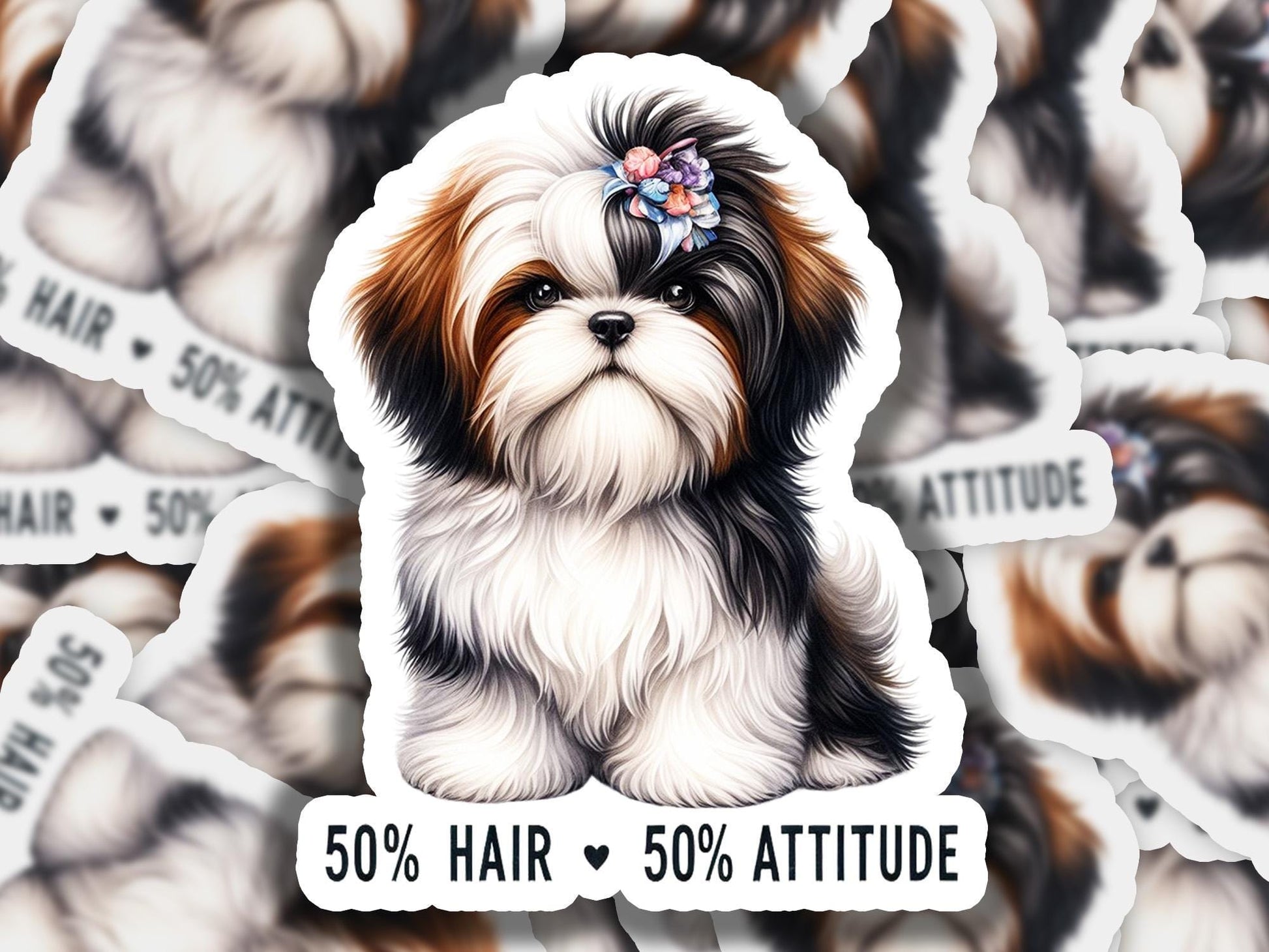 a sticker of a dog with a bow on it&#39;s head