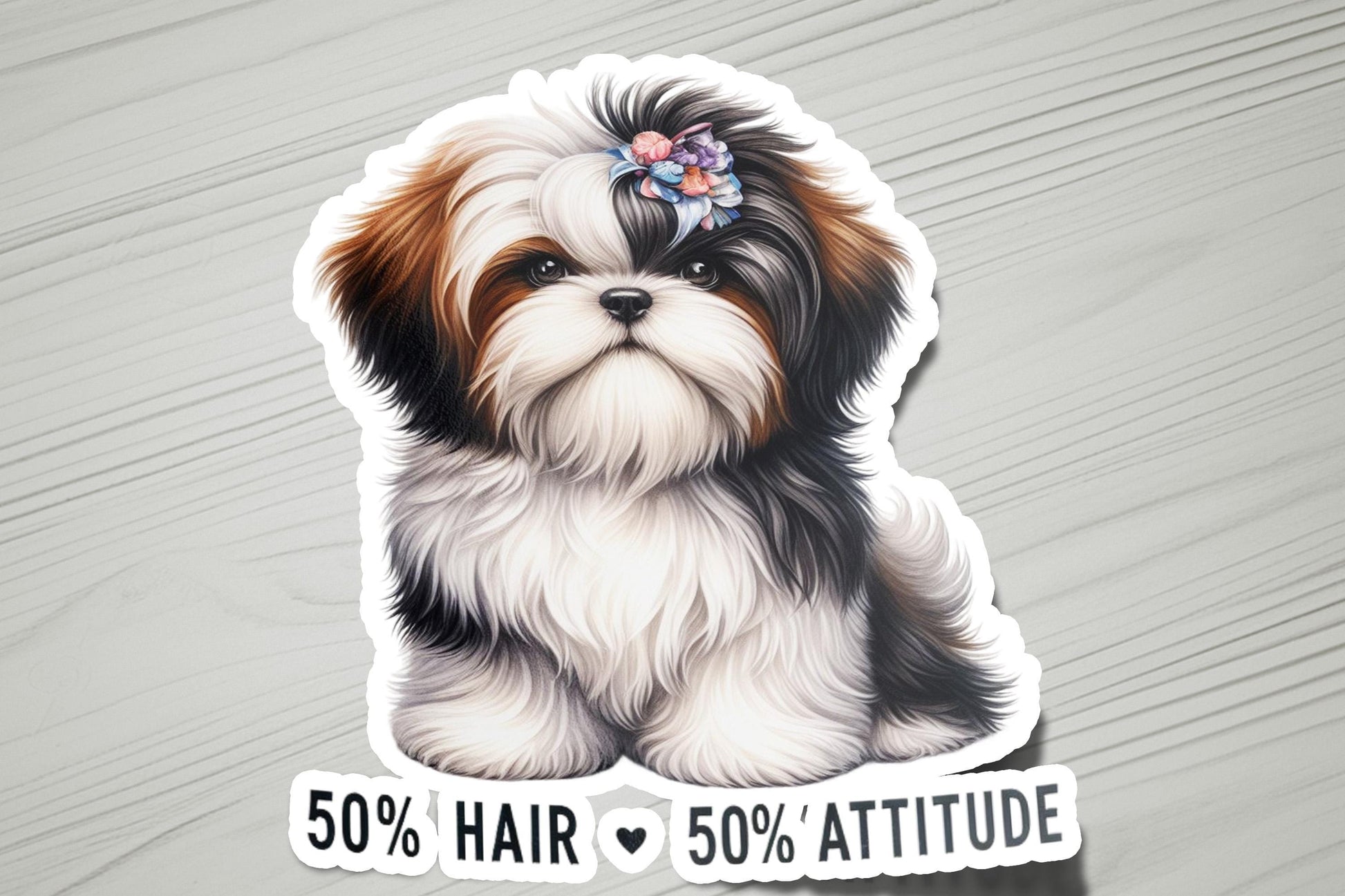 a sticker of a dog with a flower in its hair