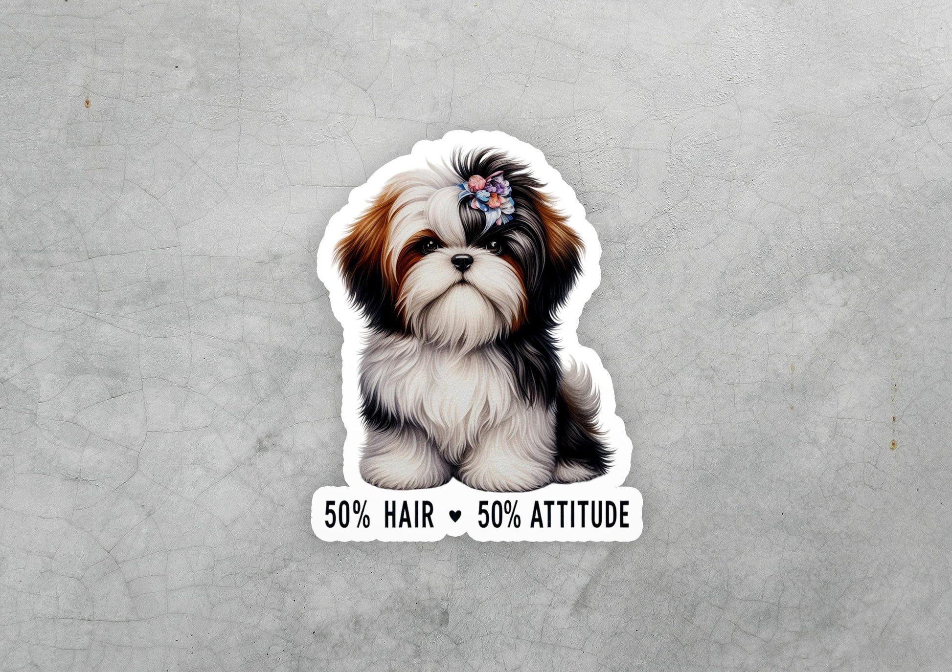 a sticker of a dog with a bow on it&#39;s head