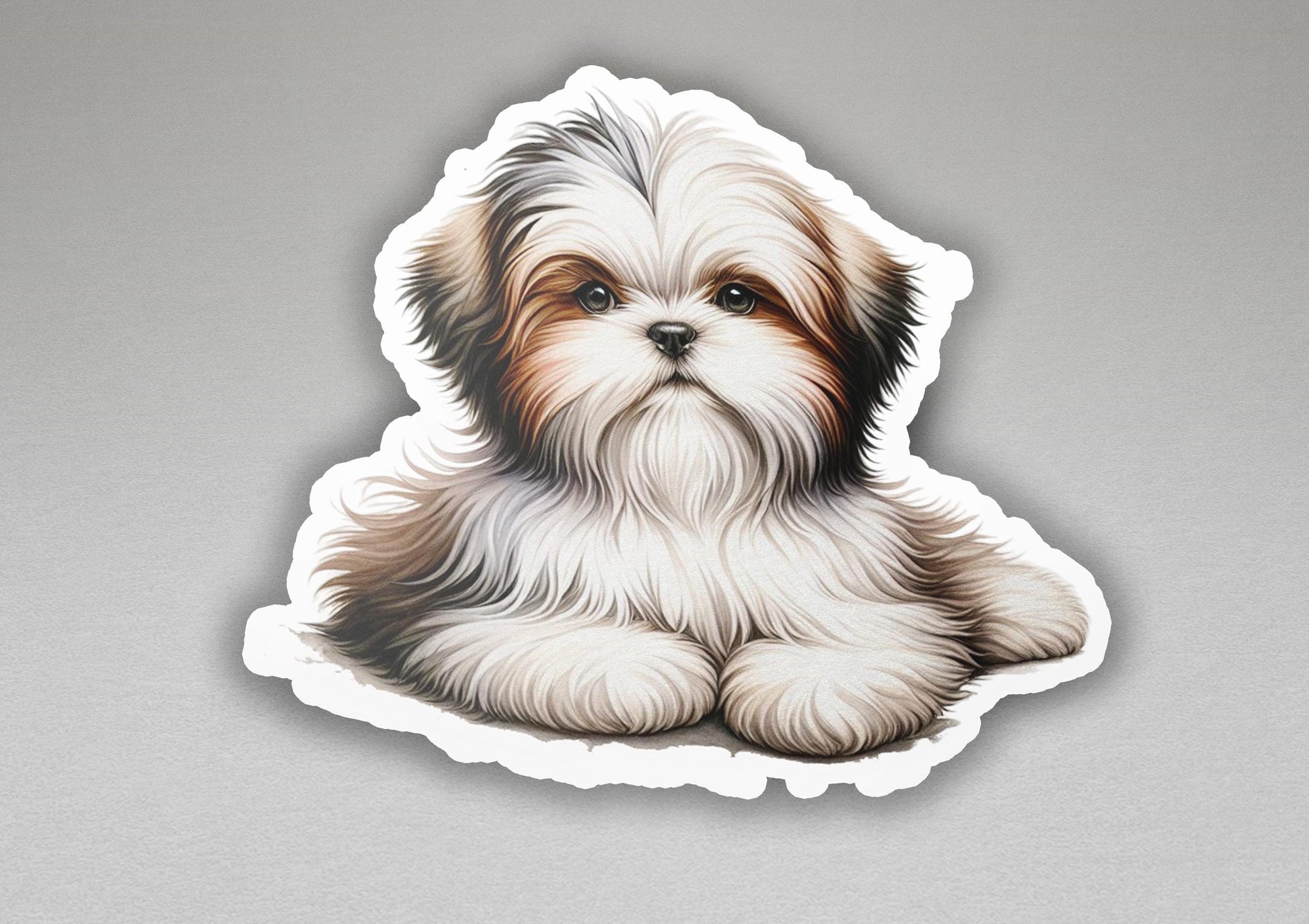 a sticker of a small dog with brown eyes