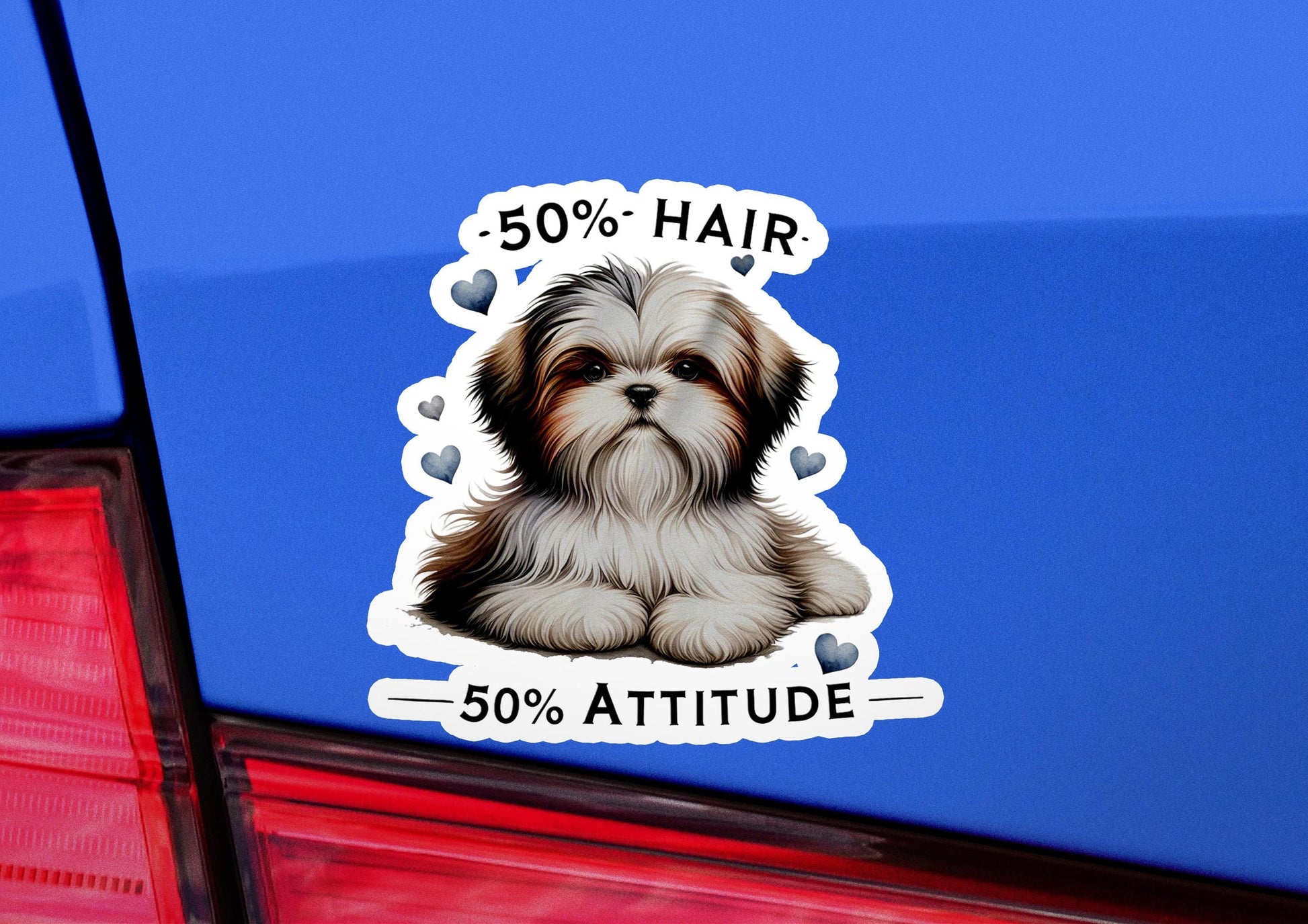 a sticker of a dog sitting on the back of a car