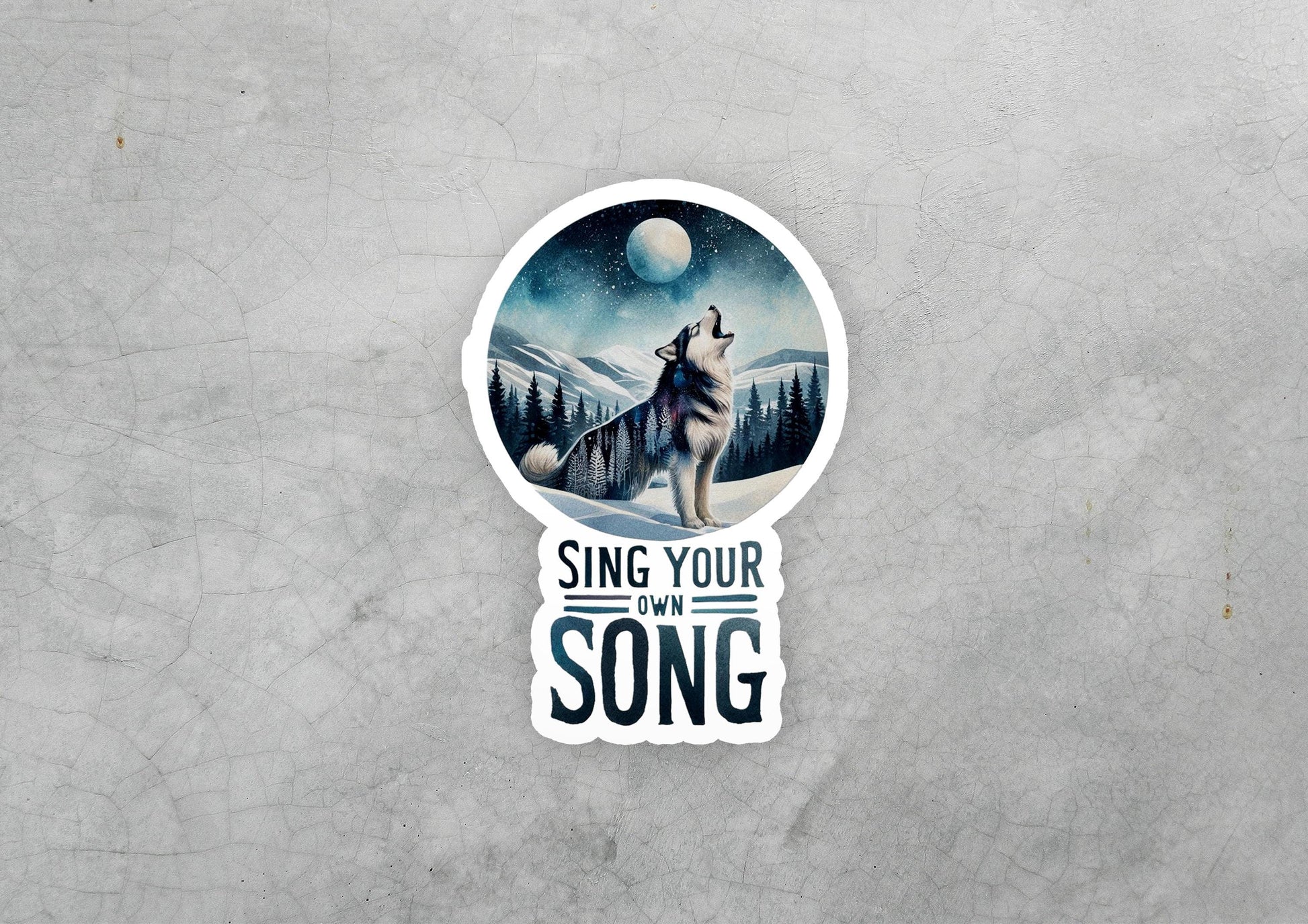 a sticker of a wolf with the words sing your song