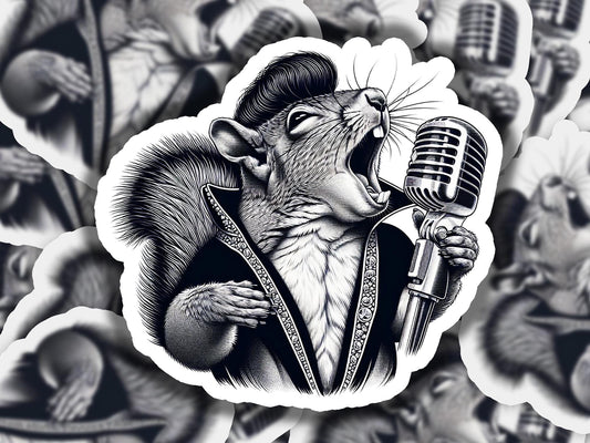 a sticker of a rat singing into a microphone