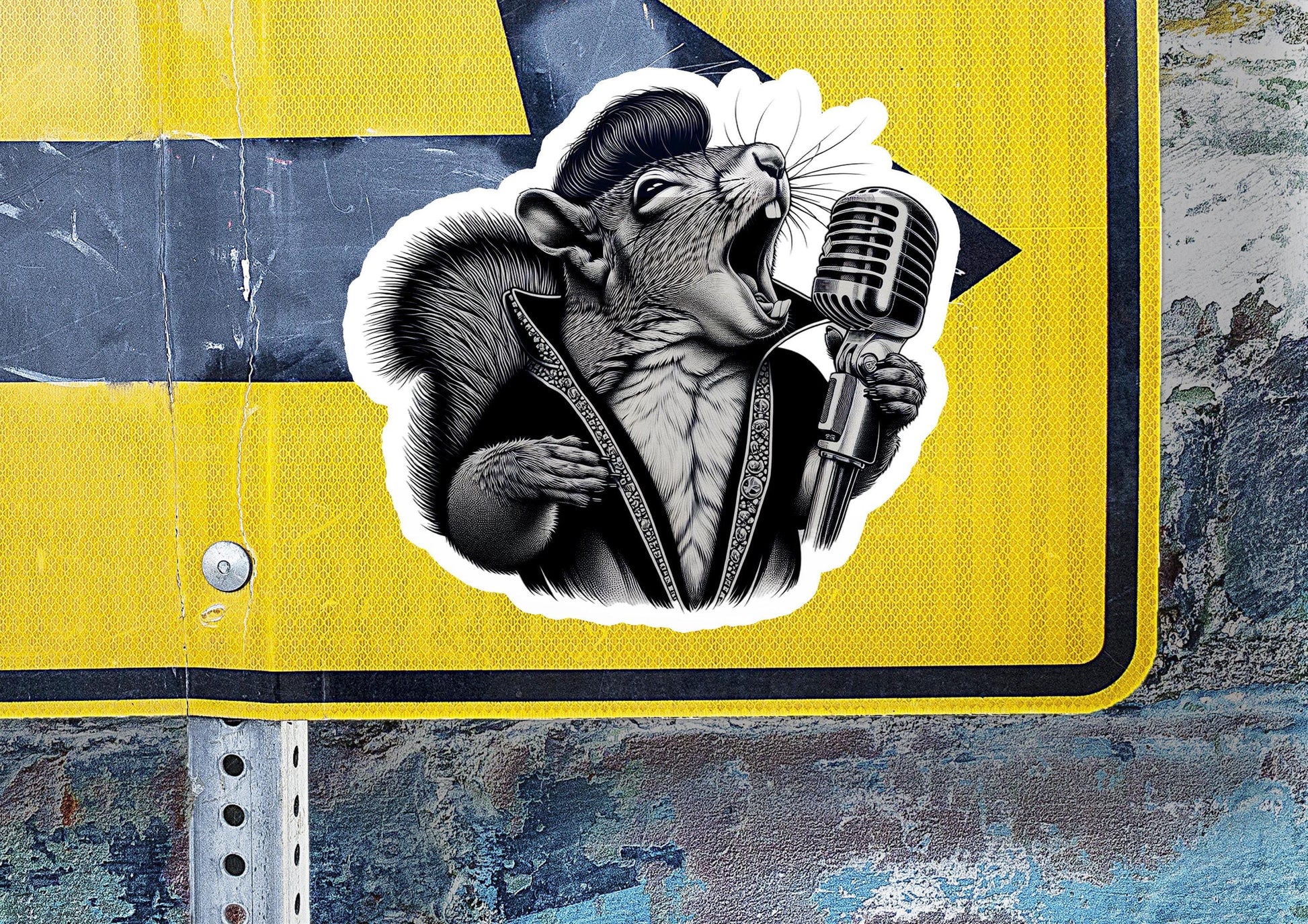a sticker of a rat holding a microphone