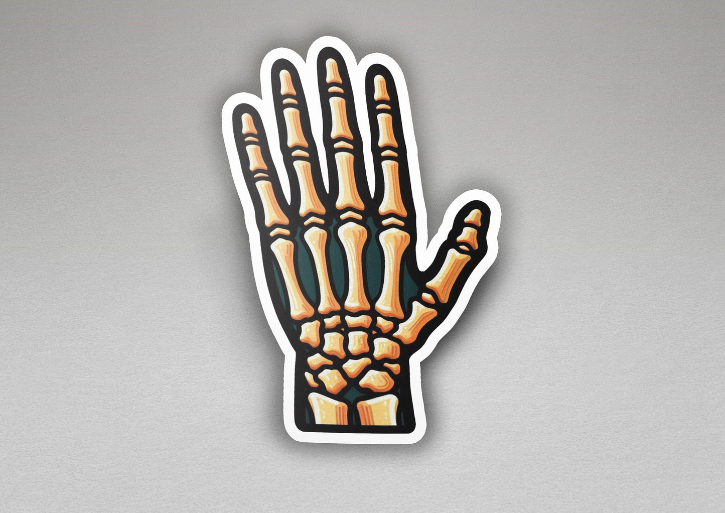 a sticker of a hand with a skeleton hand on it