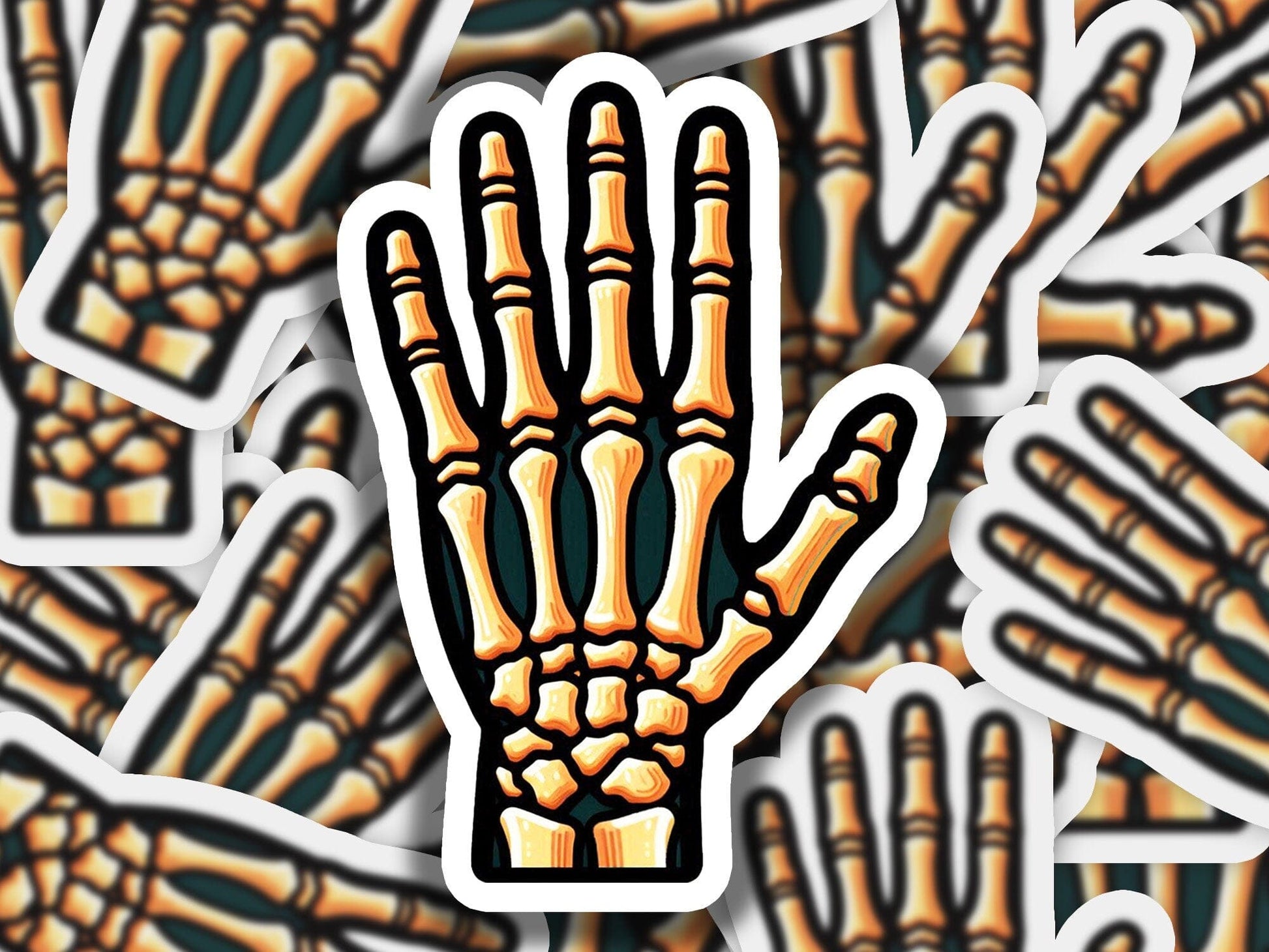 a sticker of a skeleton hand on a background of bones