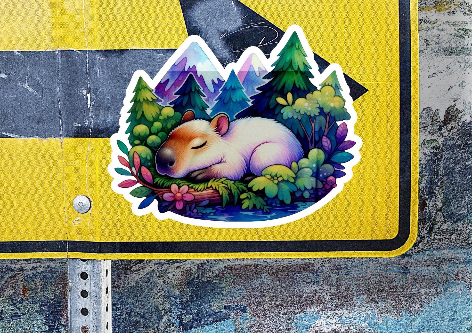 a sticker of a sleeping hamster on a road sign