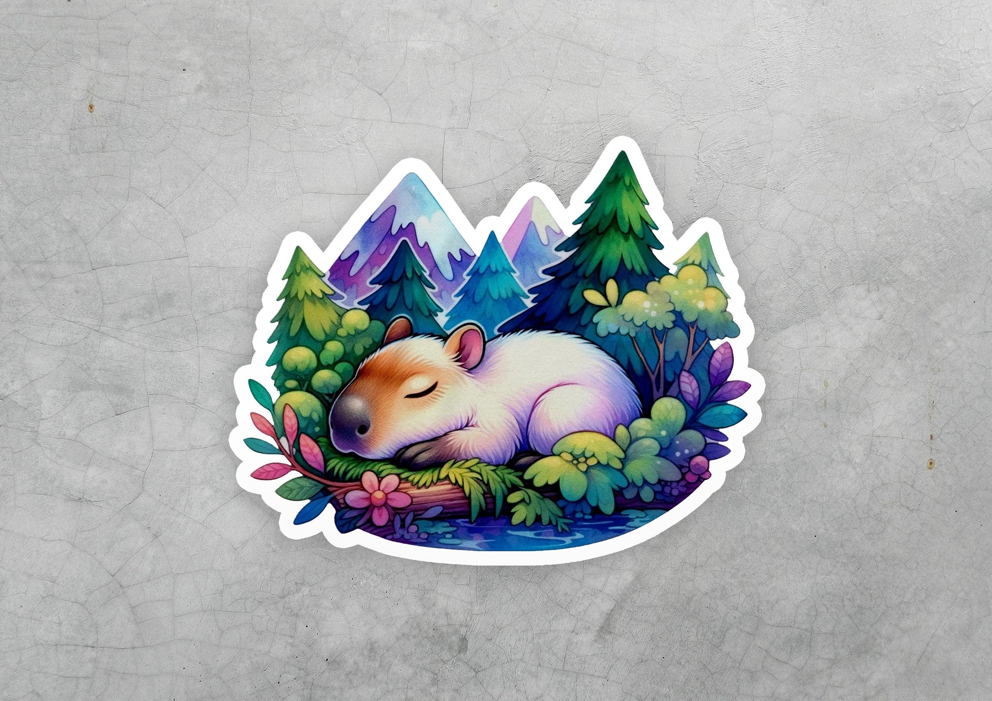 a sticker of a hamster sleeping in a forest