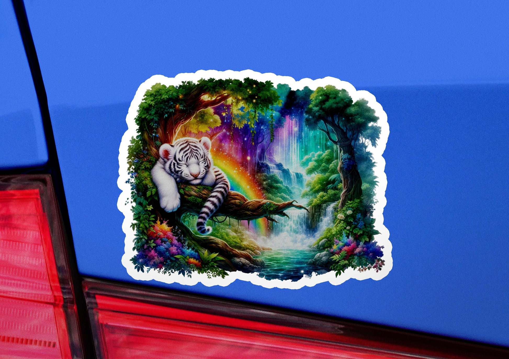 a sticker of a white tiger sitting on a tree branch