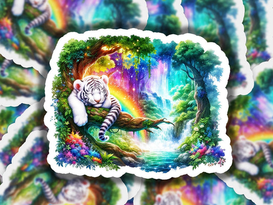 a picture of a white tiger sitting on a tree branch