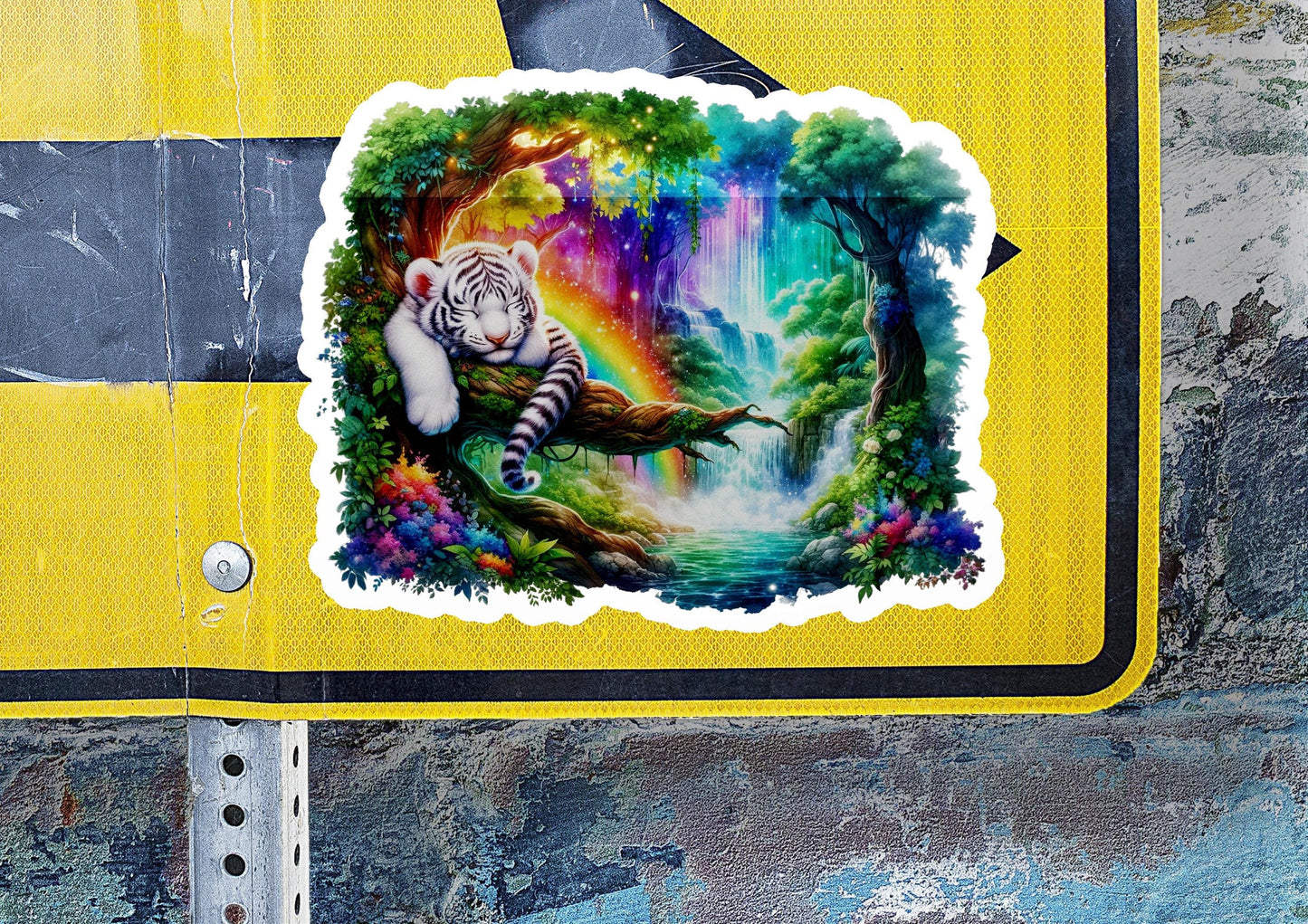 a sticker of a white tiger sitting on a tree branch