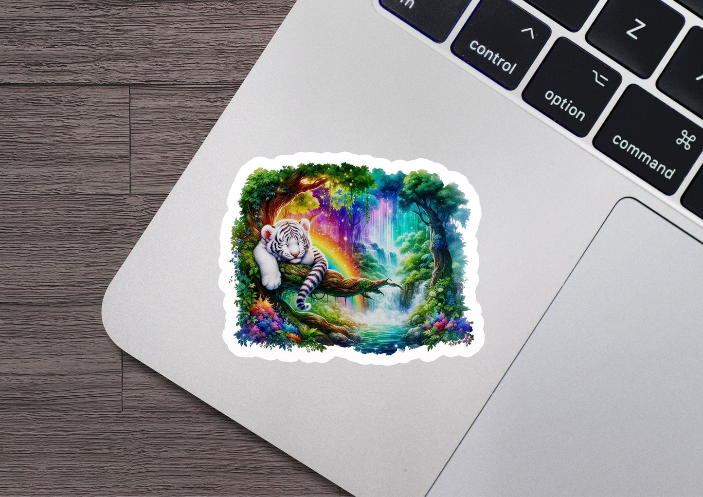 a sticker of a white tiger sitting on a tree branch