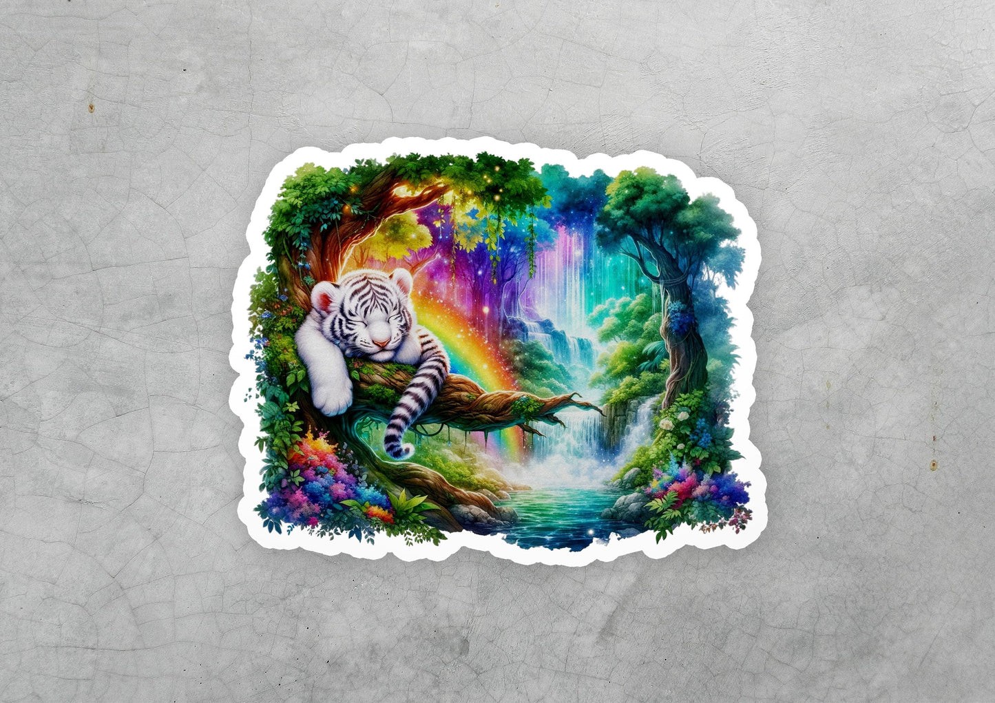 a sticker of a white tiger sitting on a tree branch