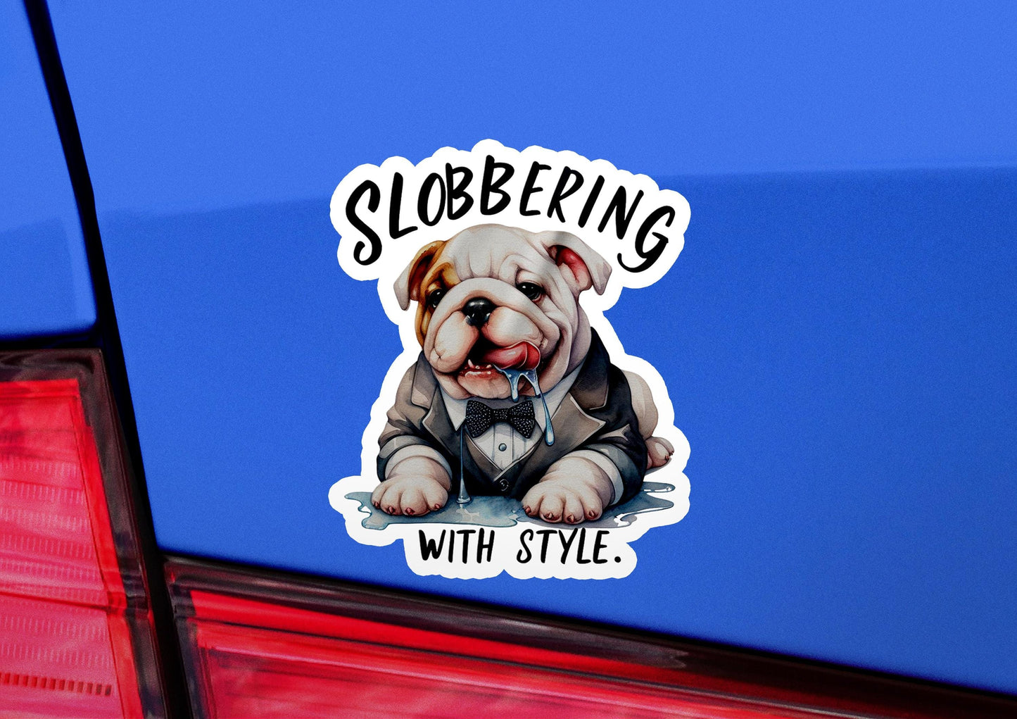 a sticker of a bulldog wearing a suit and bow tie