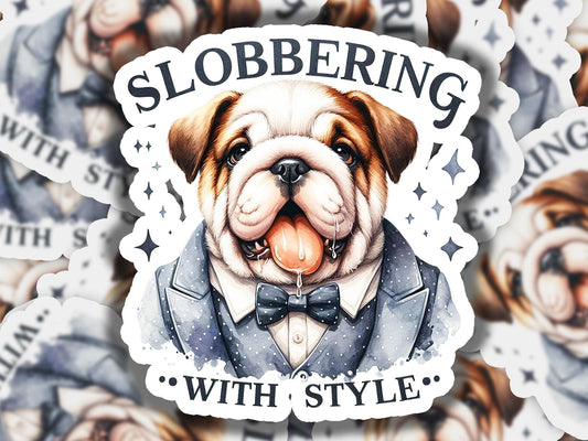 a sticker of a dog wearing a tuxedo