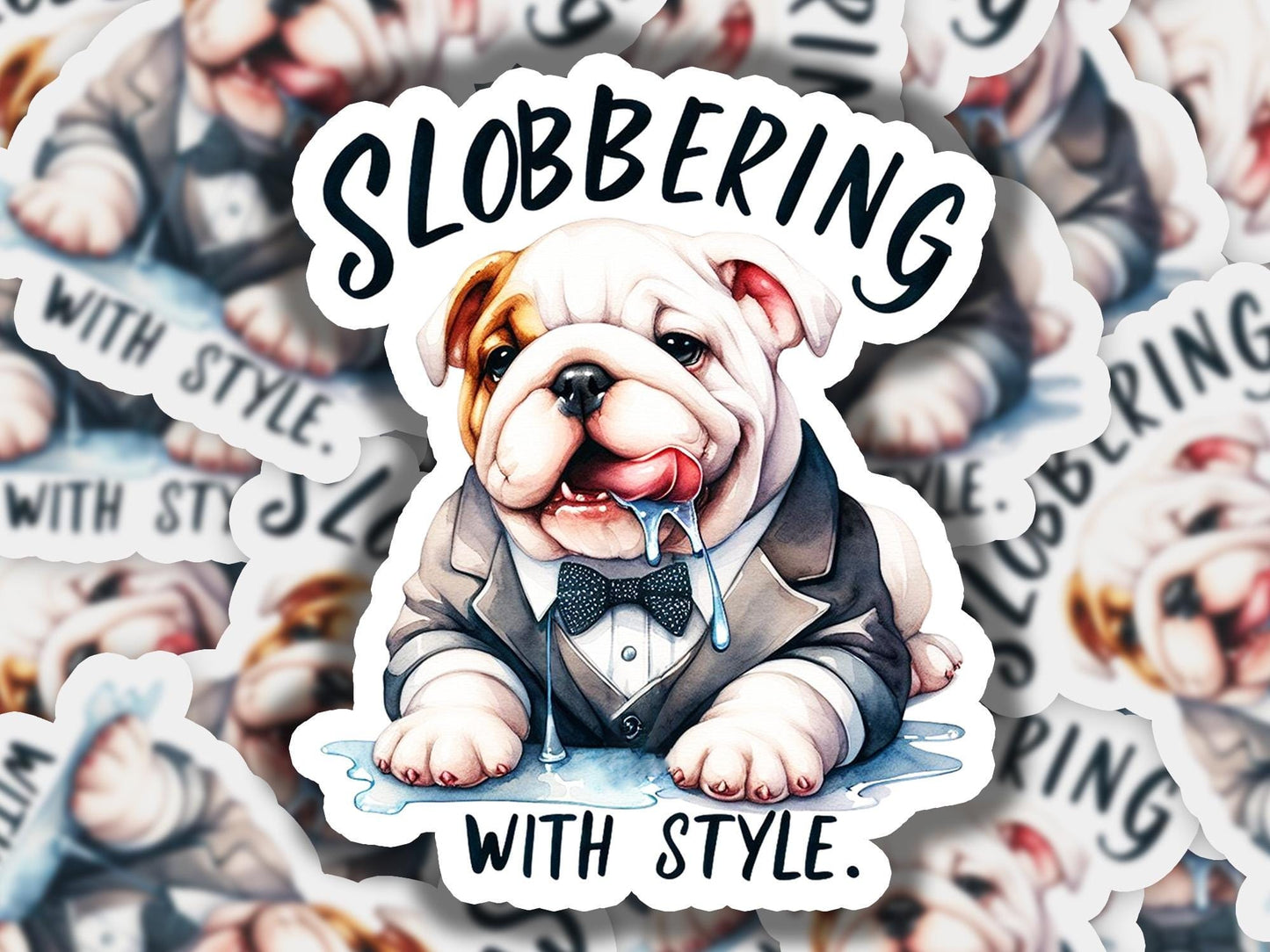 a sticker of a bulldog wearing a tuxedo