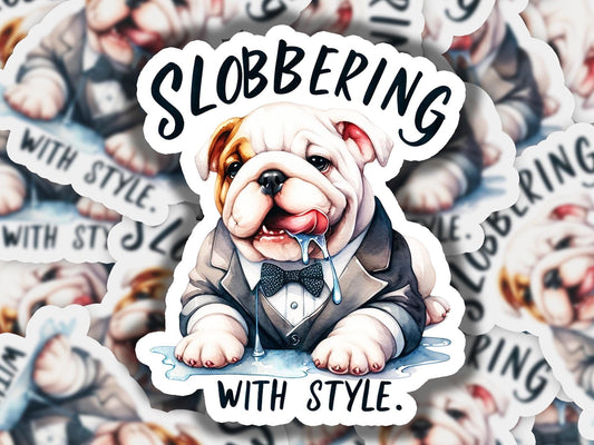 a sticker of a bulldog wearing a tuxedo