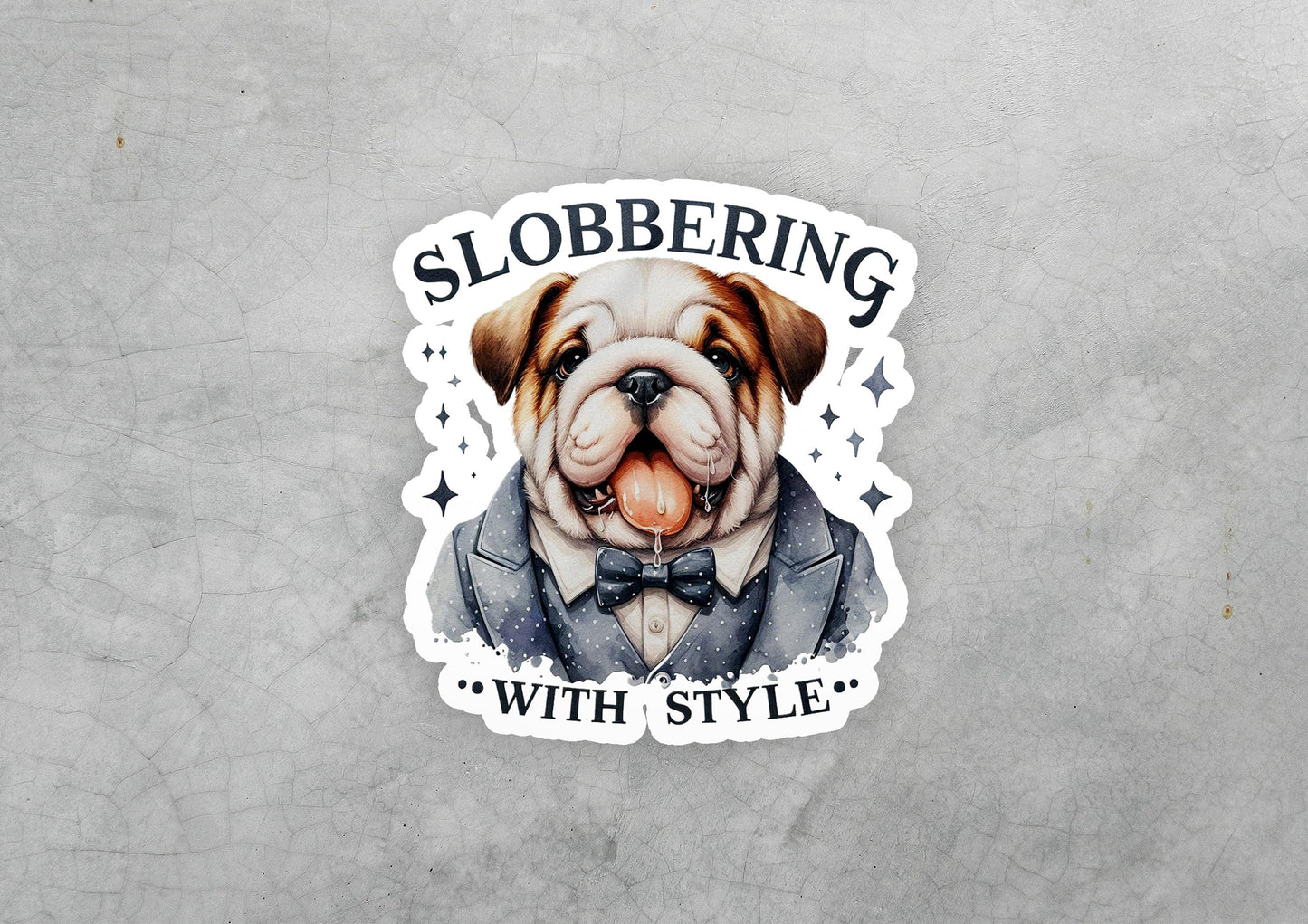 a sticker of a dog wearing a suit and bow tie