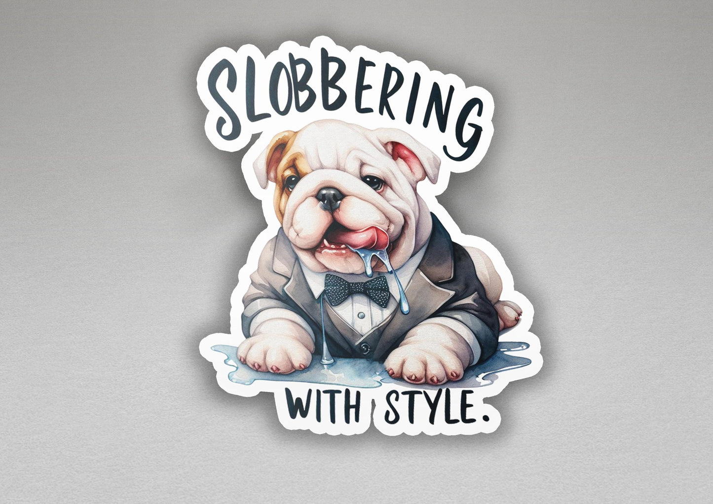 a sticker of a bulldog wearing a tuxedo