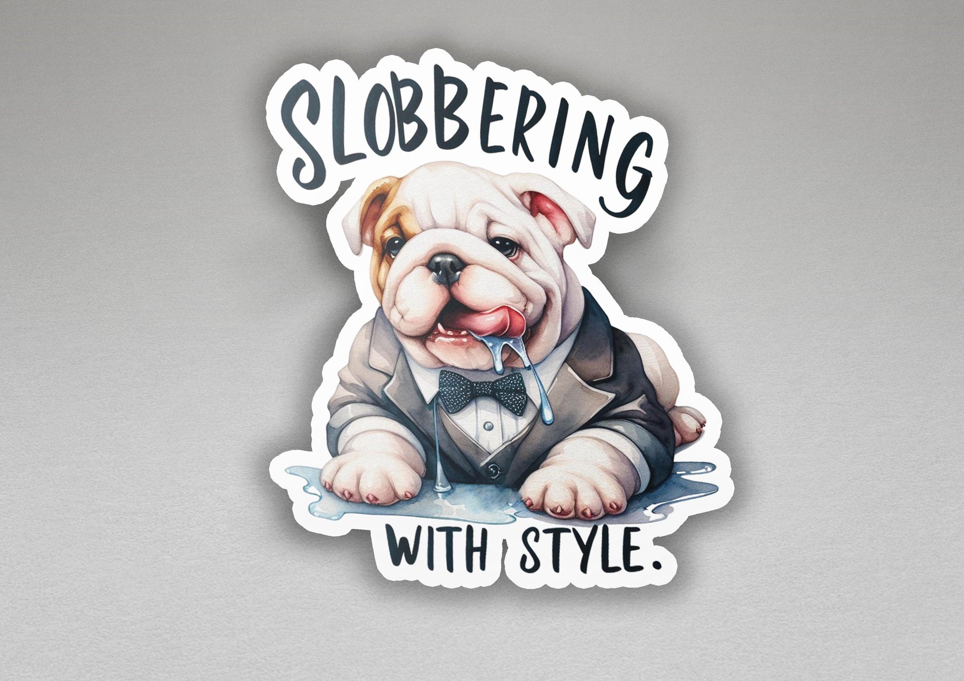 a sticker of a bulldog wearing a tuxedo