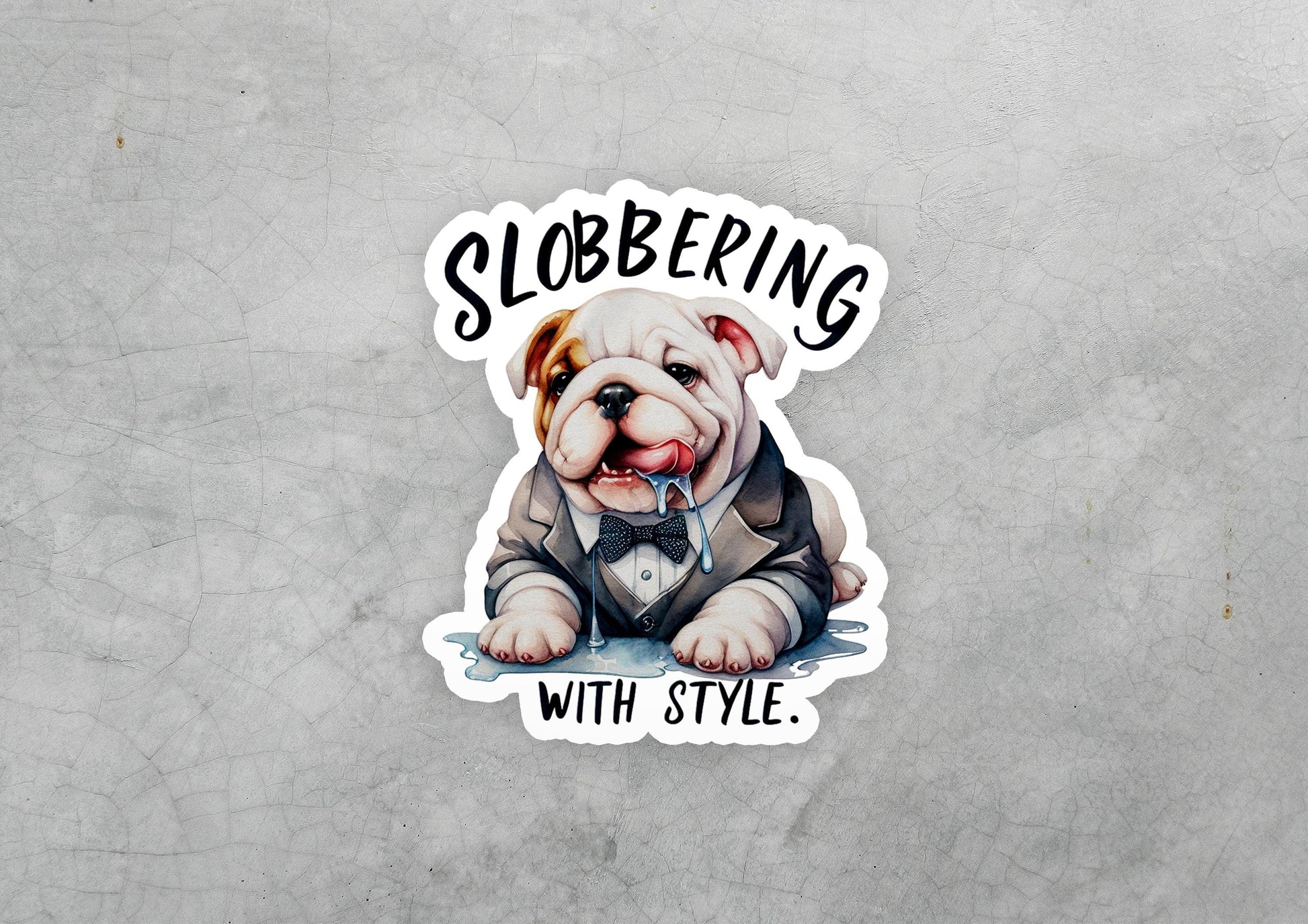 a sticker of a bulldog wearing a suit and tie