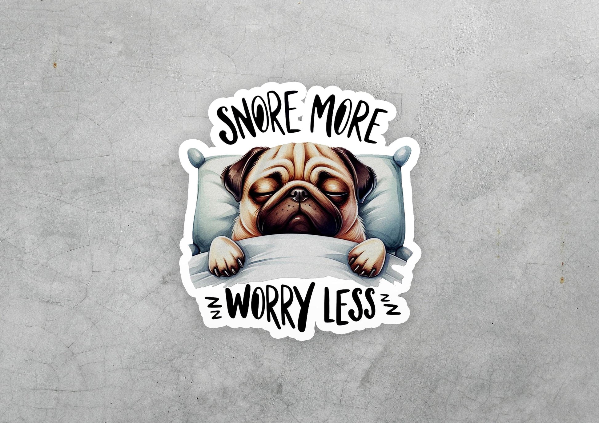 a sticker of a pug sleeping on a pillow