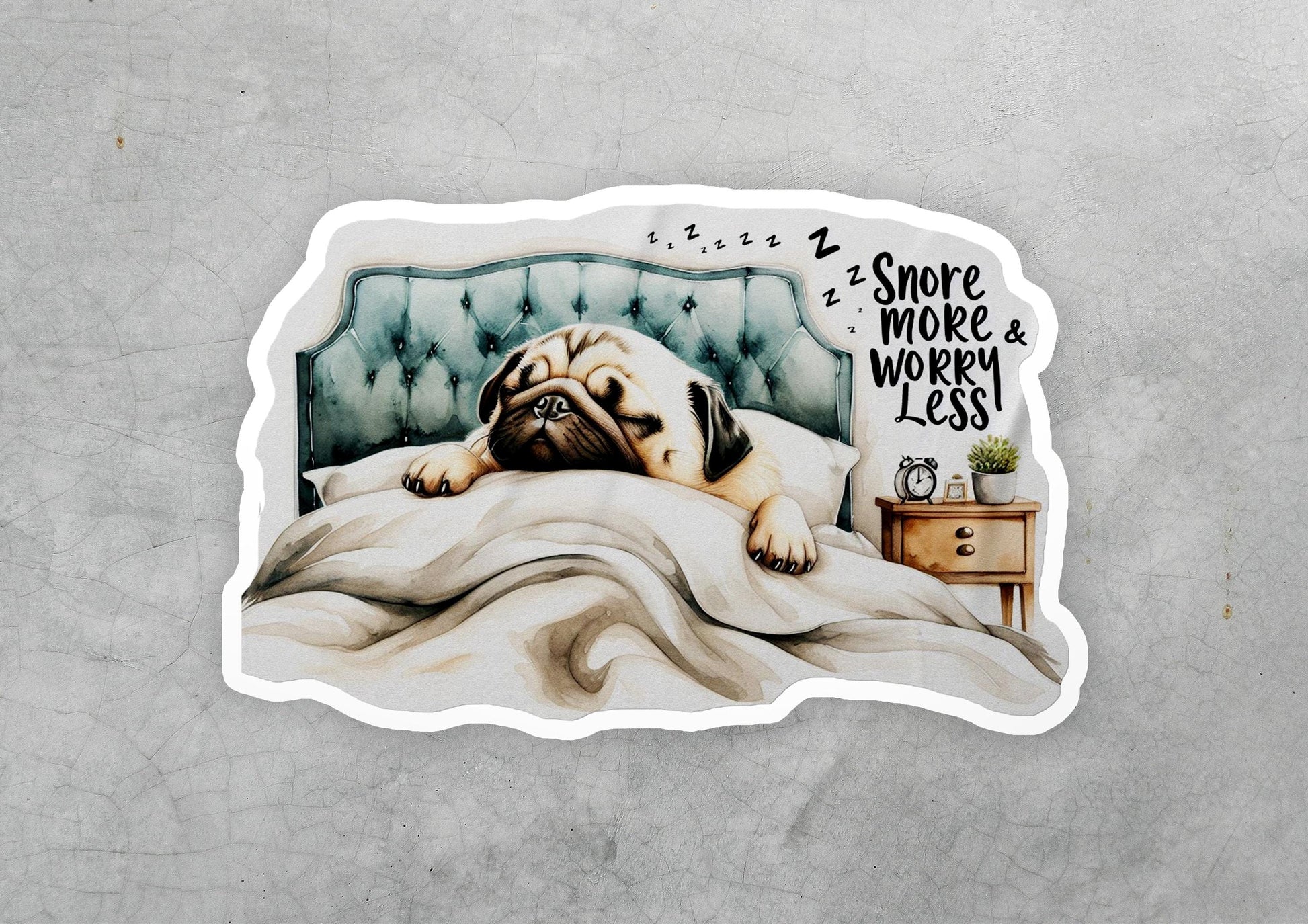 a sticker of a dog sleeping on a bed