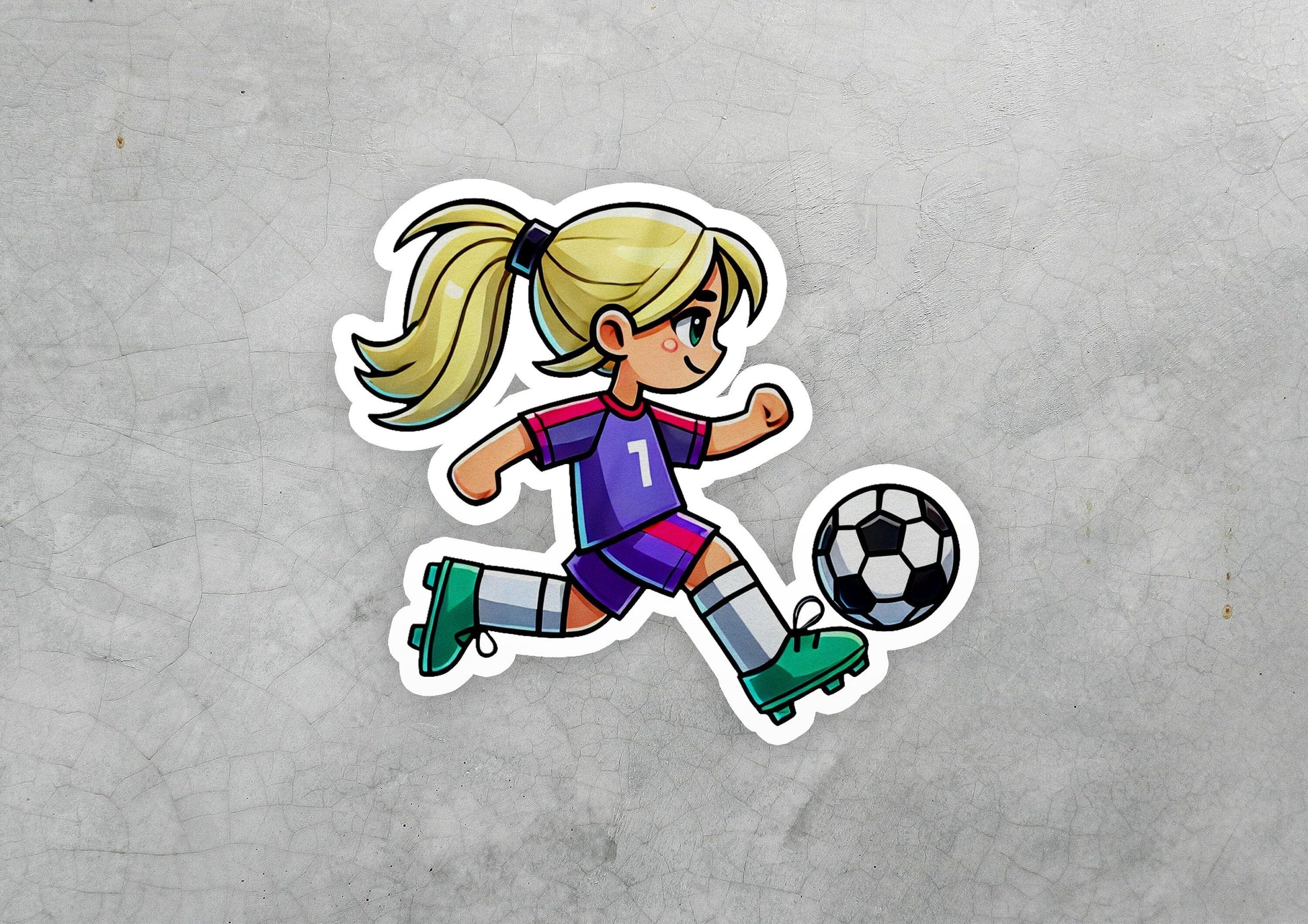 a sticker of a girl kicking a soccer ball