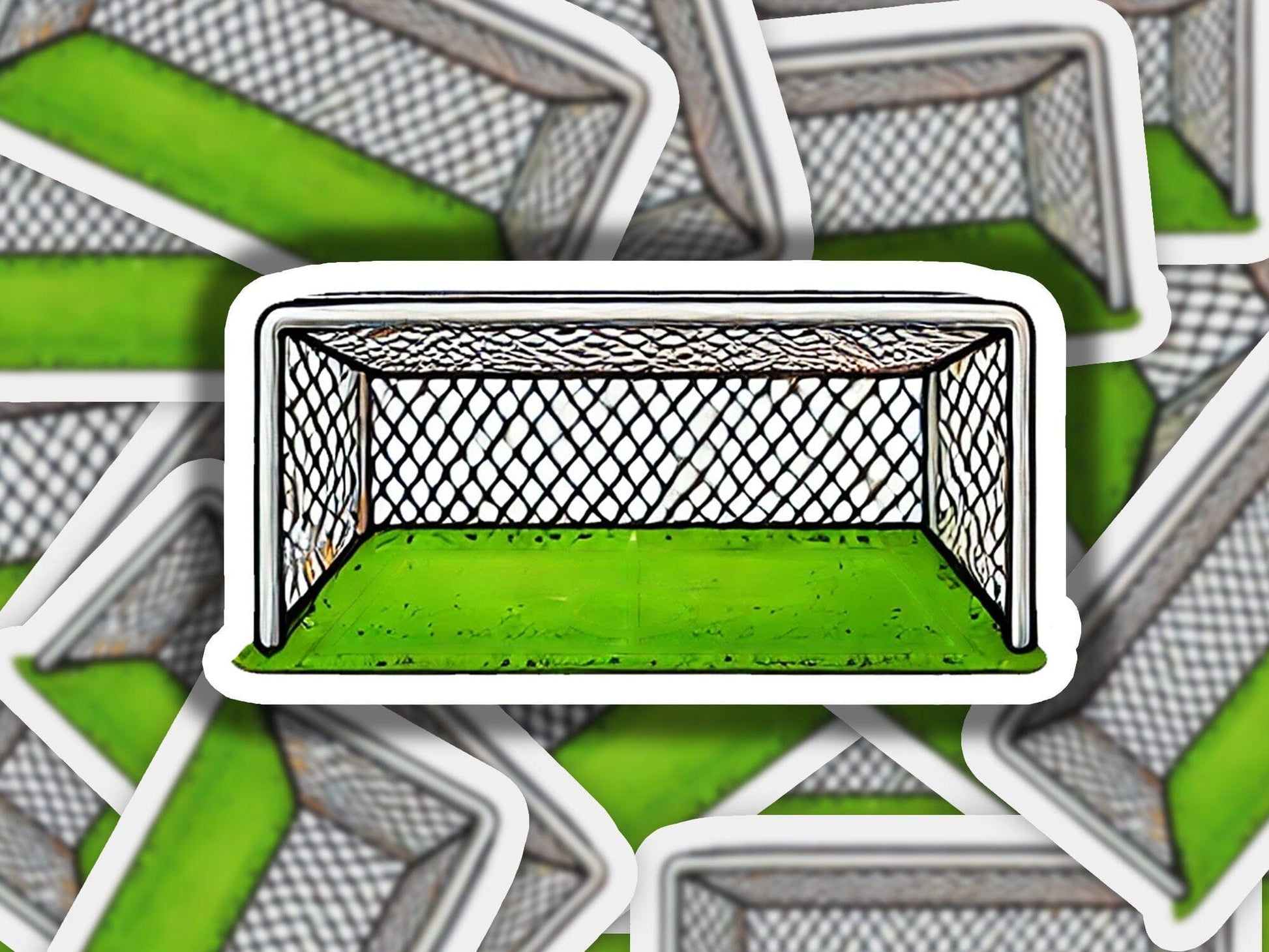 a sticker of a soccer goal with a green field