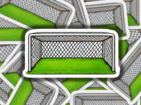 a sticker of a soccer goal with a green field