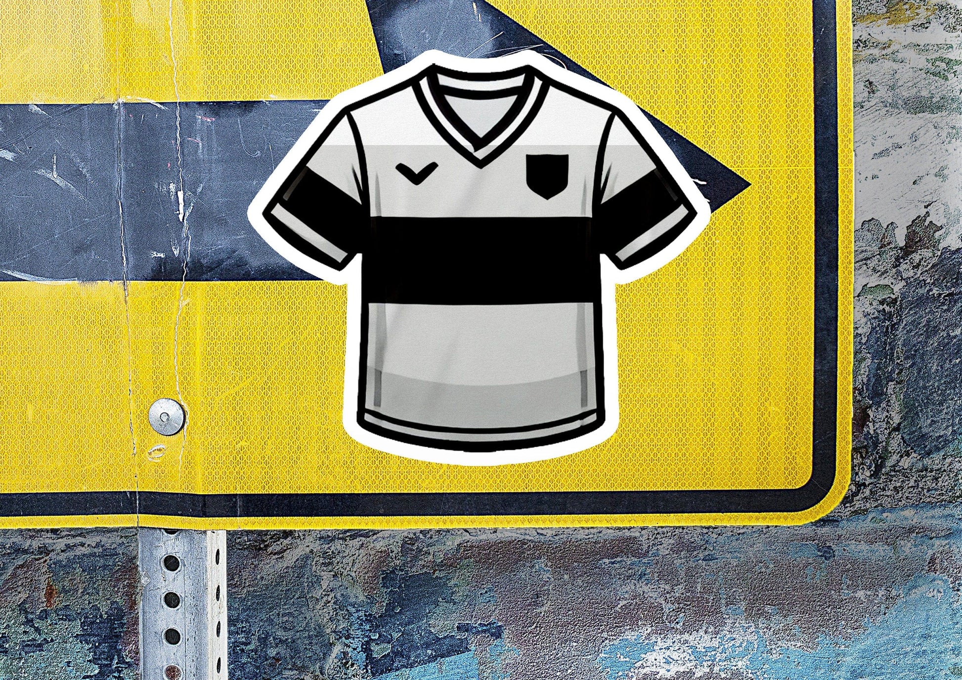 a yellow and black street sign with a soccer jersey on it
