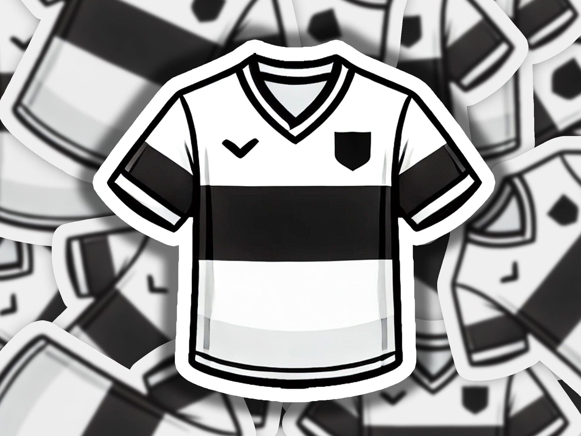 a black and white soccer jersey surrounded by black and white soccer balls