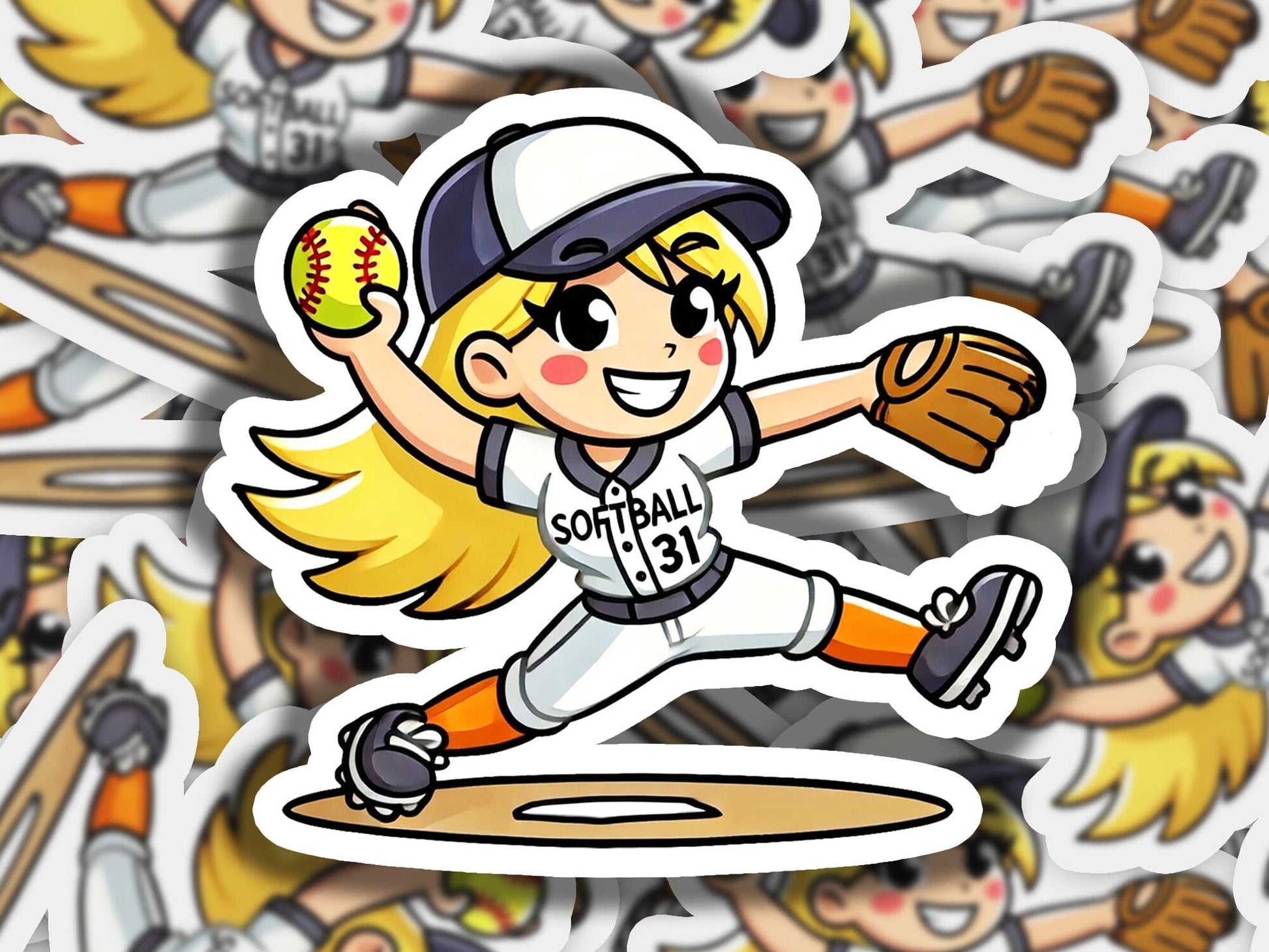 a sticker of a softball player throwing a ball