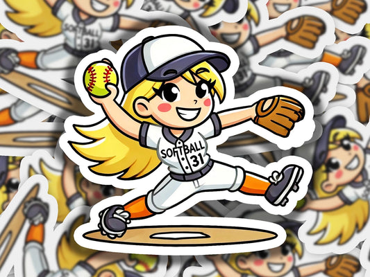 a sticker of a softball player throwing a ball