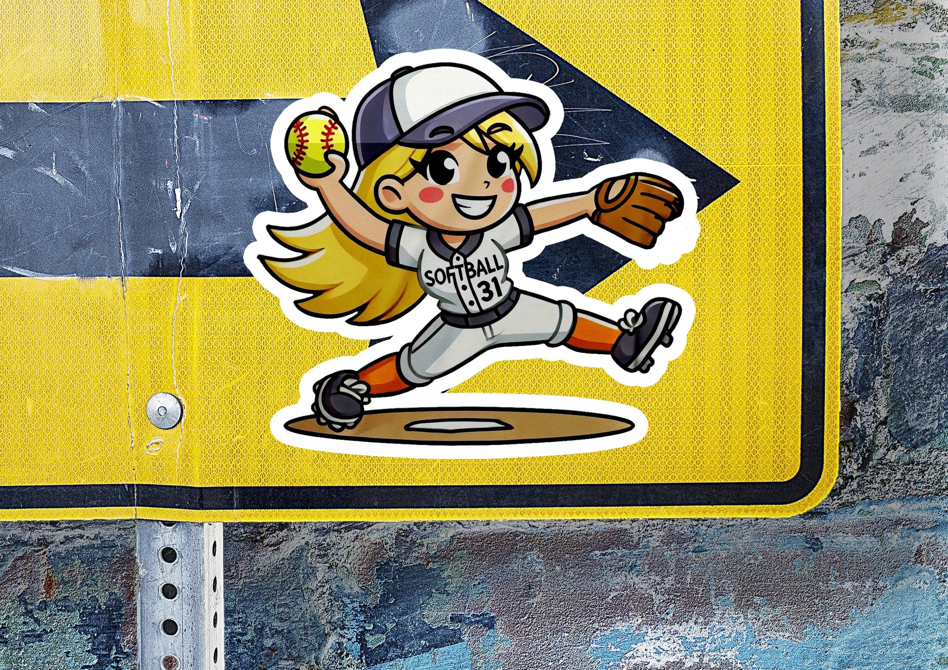 a sticker of a girl baseball player throwing a ball