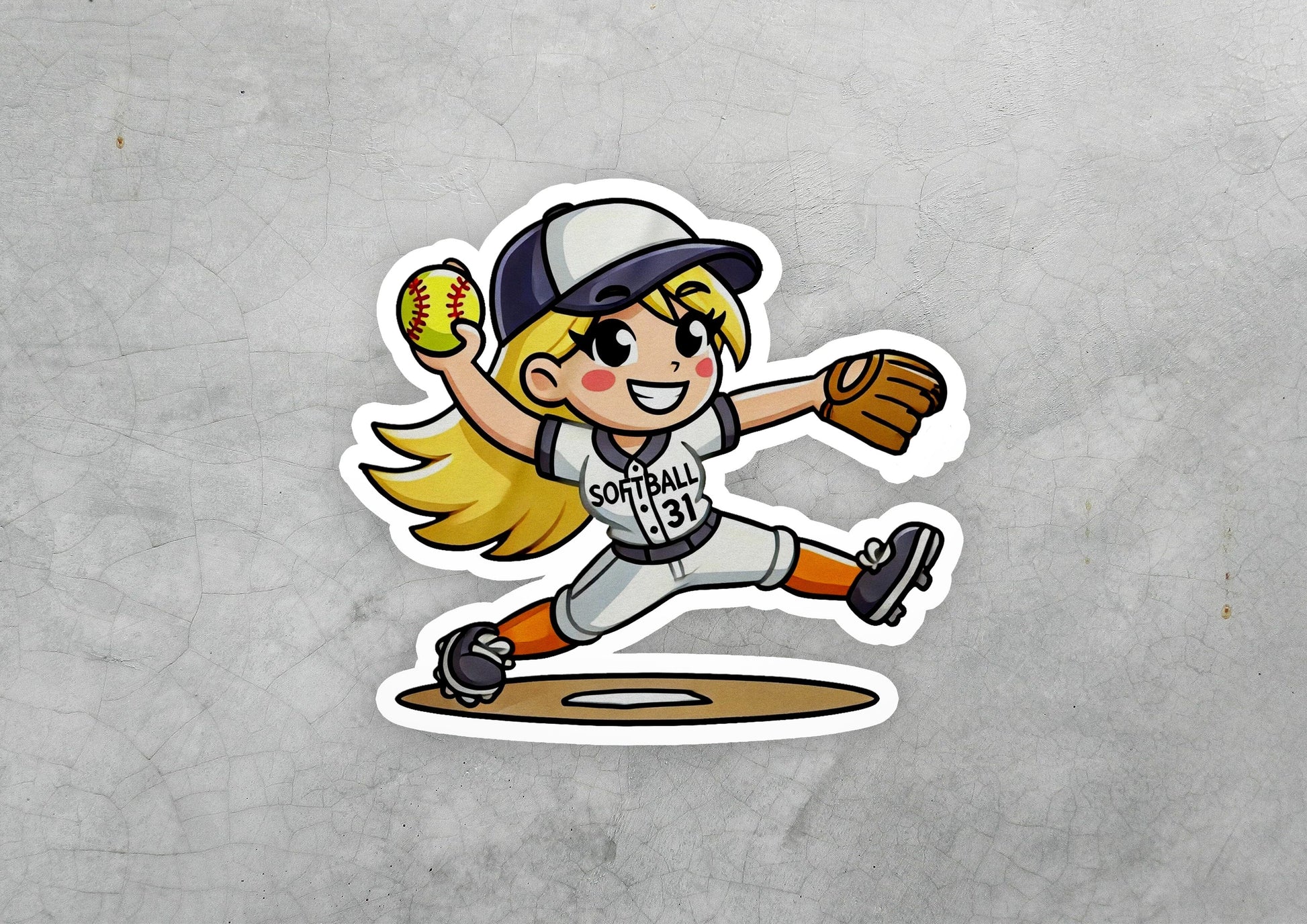 a sticker of a female baseball player throwing a ball