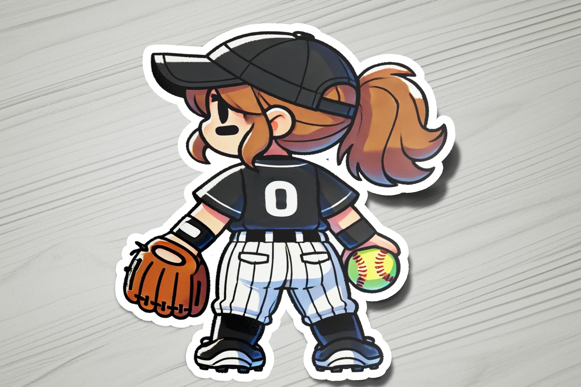 a sticker of a girl with a baseball glove and ball