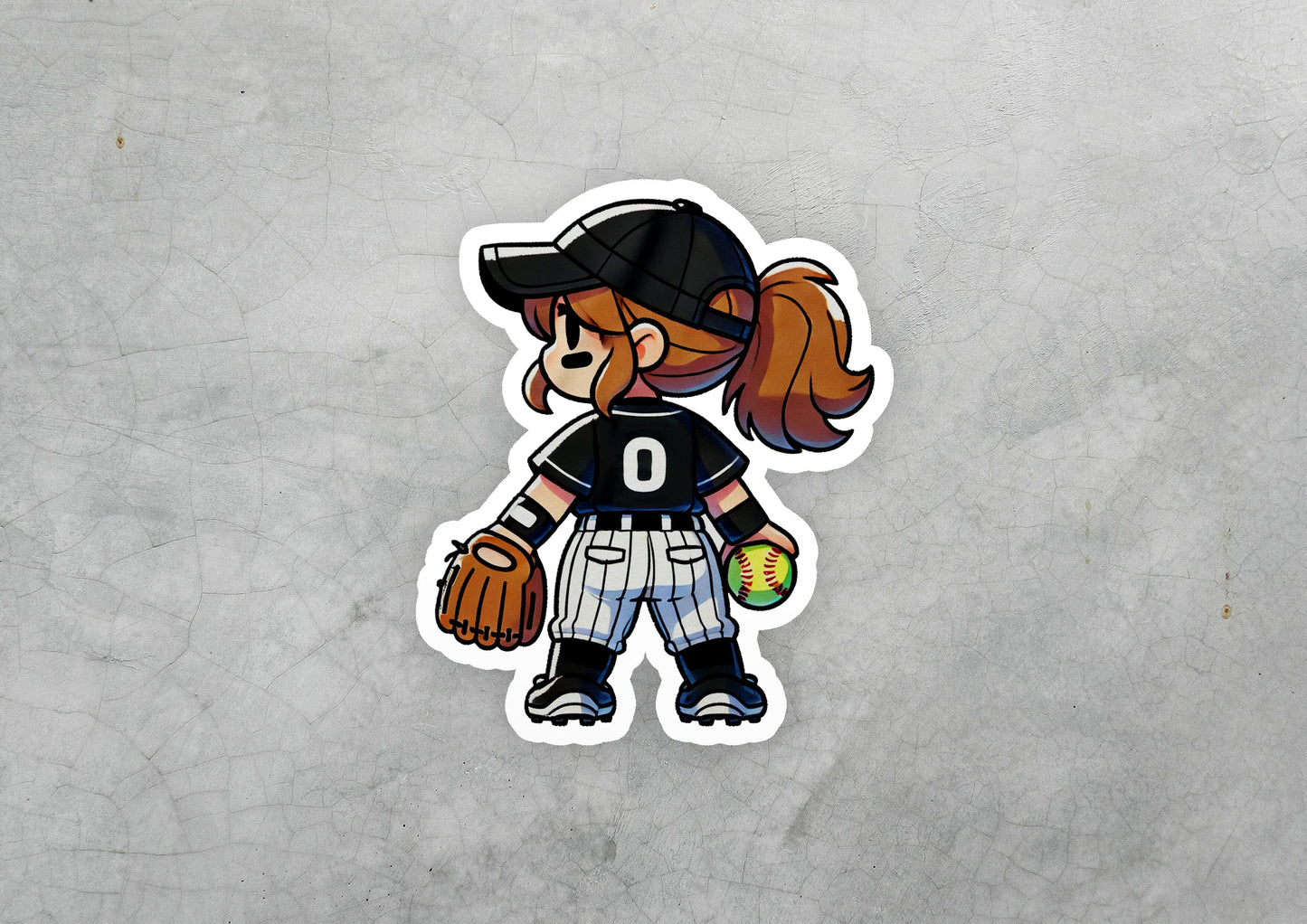 a sticker of a girl with a baseball glove and ball