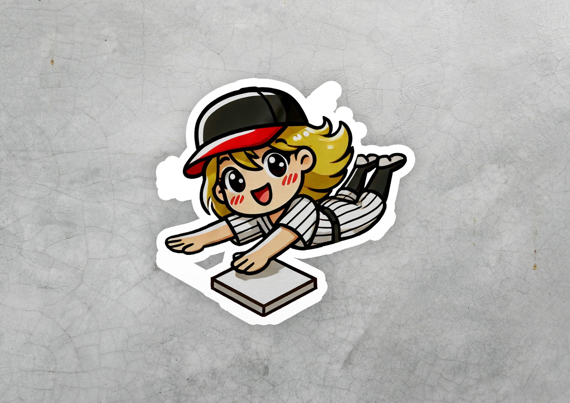 a sticker of a girl with a baseball cap