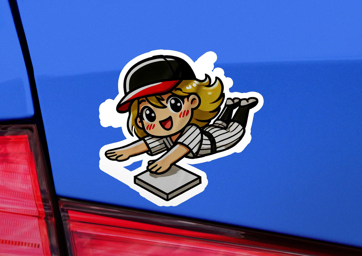 a sticker of a baseball player is on the back of a car