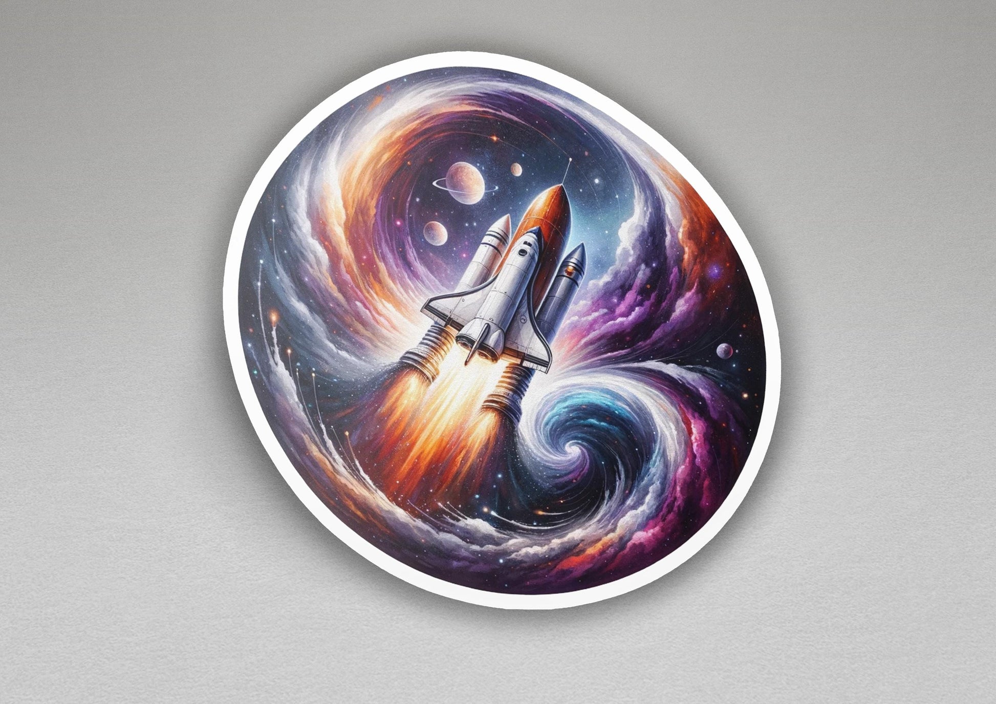 a sticker of a space shuttle flying through a galaxy