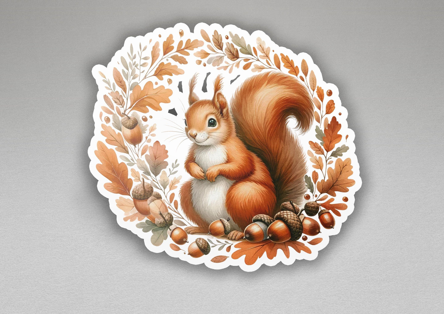 a sticker of a squirrel surrounded by leaves and acorns