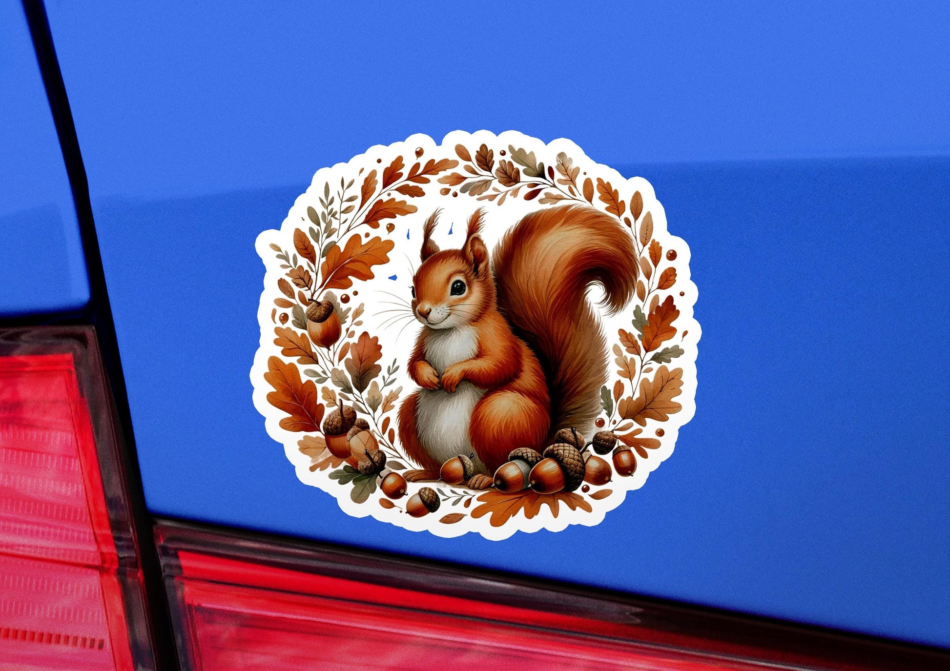 a sticker of a squirrel on the back of a car