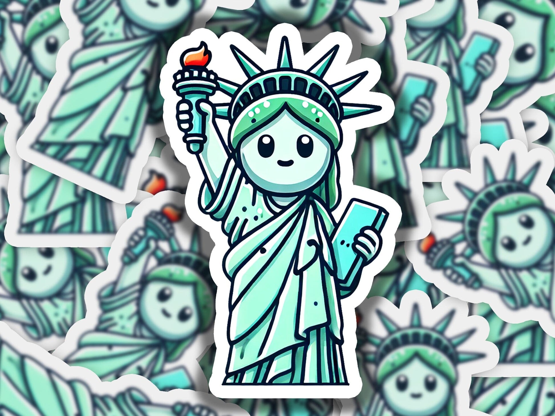 a sticker of the statue of liberty surrounded by stickers