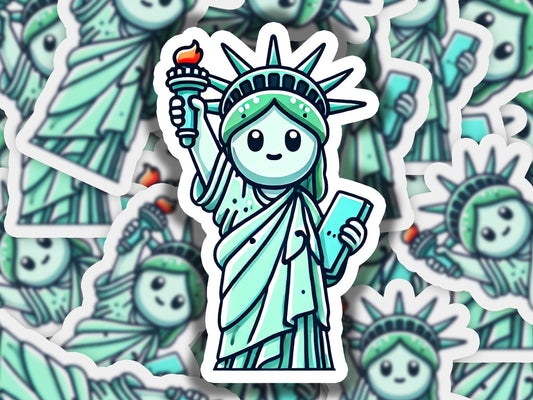 a sticker of the statue of liberty surrounded by stickers