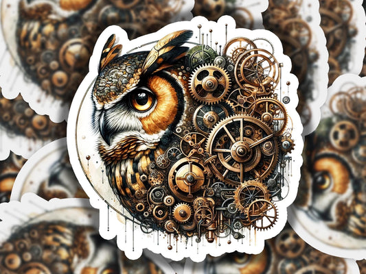 a sticker of an owl with gears on it